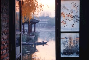 透过窗看水乡的静谧景致