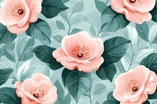 粉色花卉绿叶无缝图案