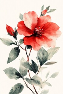 水墨风娇艳红花朵插画