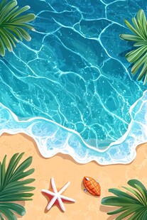 夏日海滩海浪与海星景象