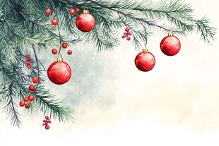 圣诞松枝挂饰水彩画