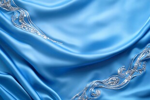 蓝色绸缎上的精致银饰花纹