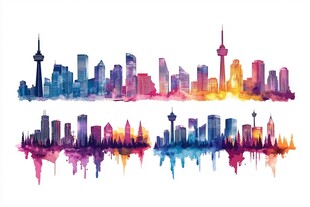水彩绘就的多彩城市天际线