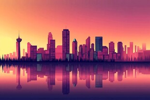 日落时分的城市天际线倒影