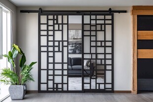 现代风室内黑框格栅推拉门