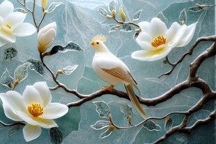 玉兰花枝上的优雅鸟儿