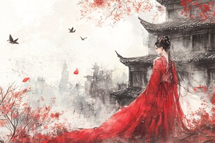 红衣佳人立古景