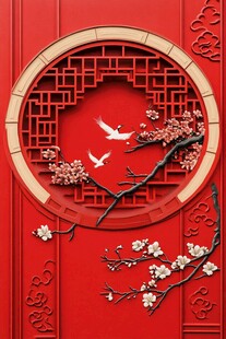 中式红墙花鸟圆形雕花