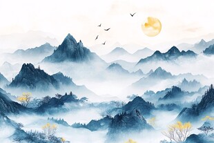 水墨山水间 飞鸟伴月行