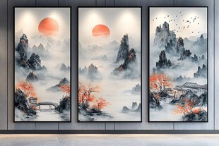 三联山水旭日装饰画