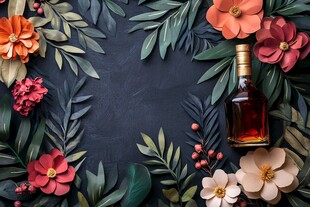 花卉环绕的精致酒瓶