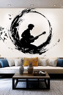 吉他少年水墨风客厅墙饰