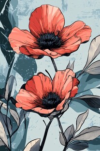 艳丽红色罂粟花插画