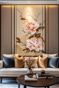 中式客厅里的牡丹挂画