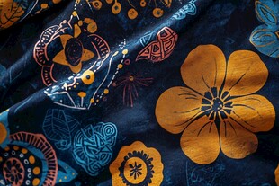 深蓝底绚丽花卉图案布料