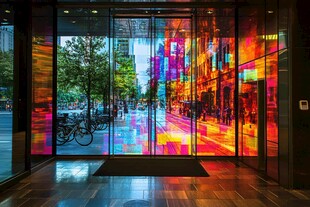 炫彩玻璃门后的城市街景
