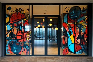 创意涂鸦装饰的玻璃门