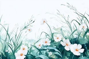 水墨风白花绿草清新图景