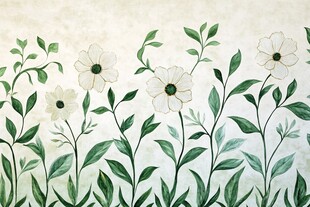手绘白花绿叶植物图案