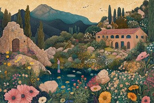 田园诗意花园与古老建筑