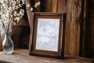 复古相框与素雅花枝摆件