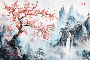 红梅映山水国画意境图