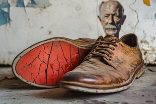 旧皮鞋与沧桑墙面的画面