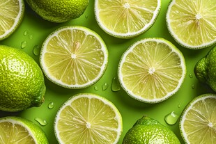 青柠切片铺于绿色背景上