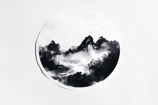 水墨山水圆形画作意境美
