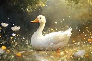 白鸭游弋于繁花草地间