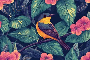 枝头彩鸟伴繁花绿叶