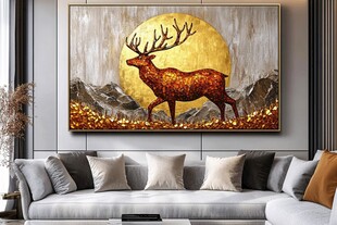金色麋鹿壁画装点现代客厅