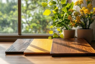 窗边多彩木板与绿植景致