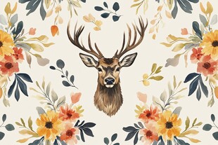 鹿头花卉水彩风精美图案