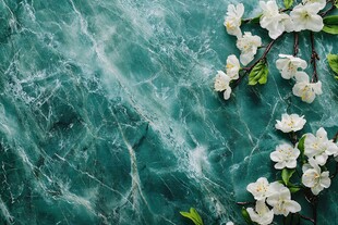 绿纹石上的素雅白色花朵