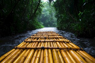 竹筏漂流于幽谧丛林河道