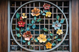 中式雕花窗 多彩花卉装饰