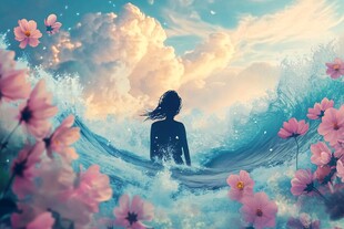 梦幻花海中的孤独背影