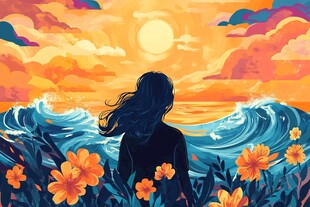 女子赏日落海景花海