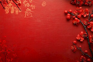喜庆红背景上的梅花与福字
