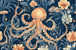 海洋章鱼花卉梦幻插画