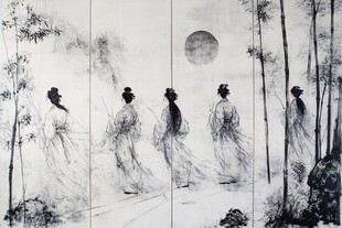 月下竹林中漫步的古装女子