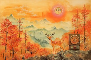 秋日山林鹿与复古时钟