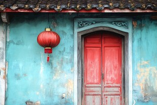 古旧蓝墙红门与红灯笼