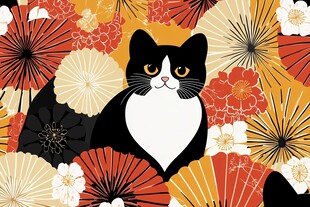 日式风情中的黑白猫咪