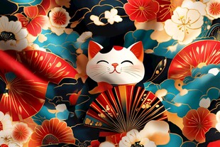 招财猫与和风元素精美图案