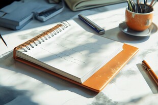 橙色笔记本置于桌面场景