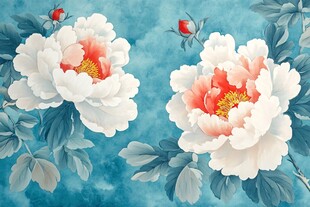 蓝底双生牡丹花卉图