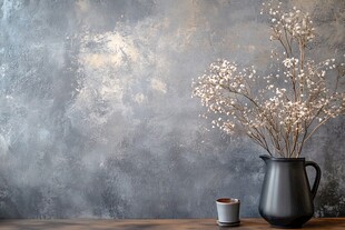 灰墙前的花瓶与温馨小杯