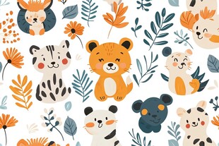 可爱动物与植物图案插画